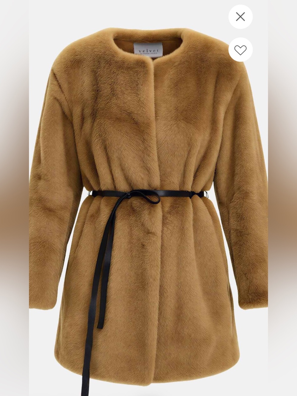 NWOT Velvet by Graham & Spencer Camel Faux Fur Belted Jacket with Black Tie